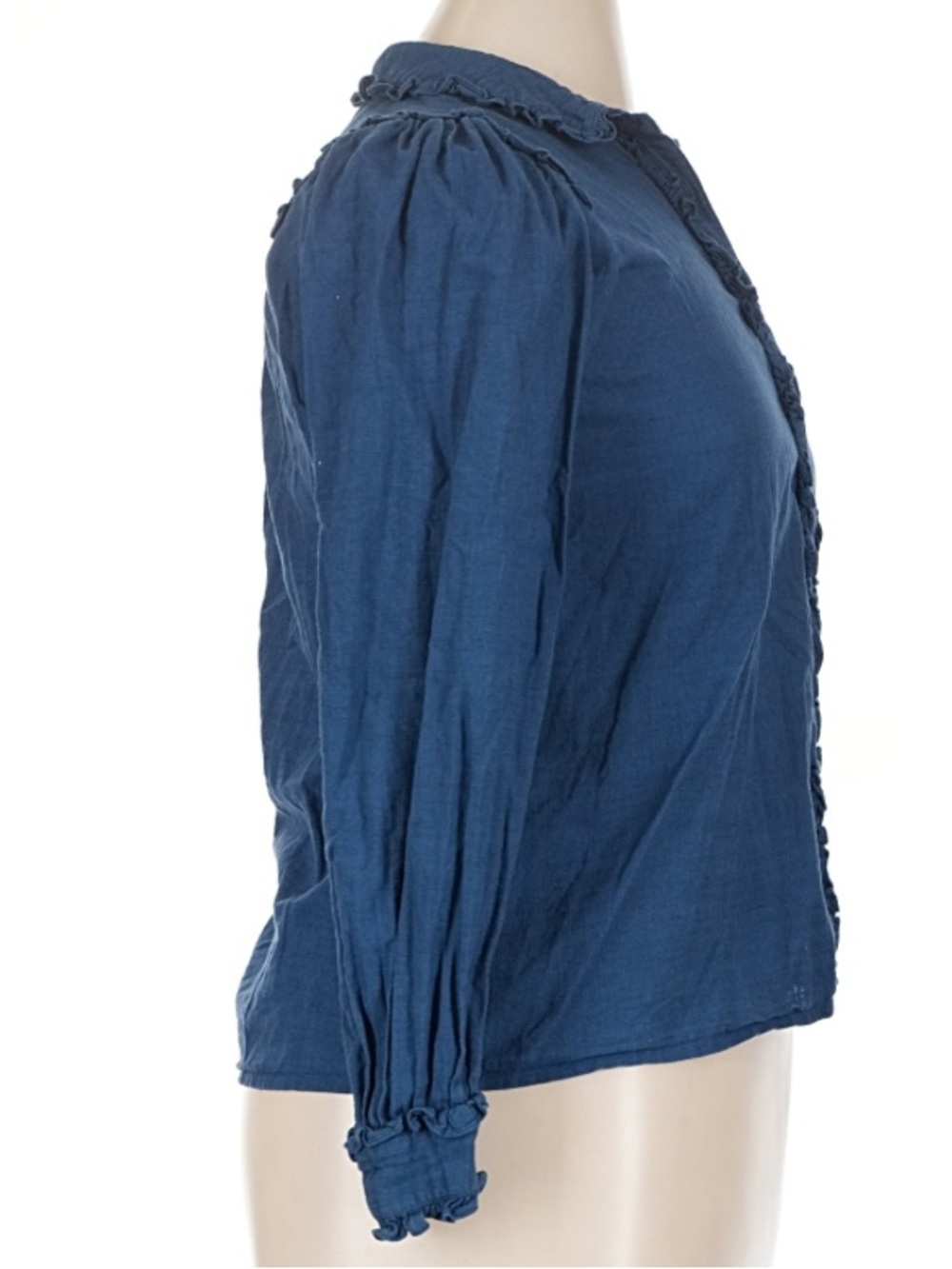 Sezane MacKenzie Blue Maquis Ruffle Puff Sleeve Button Down Blouse - Picture 5 of 9